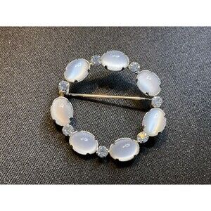 Amco Sterling White Cats Eye Aqua Gem Stones Brooch